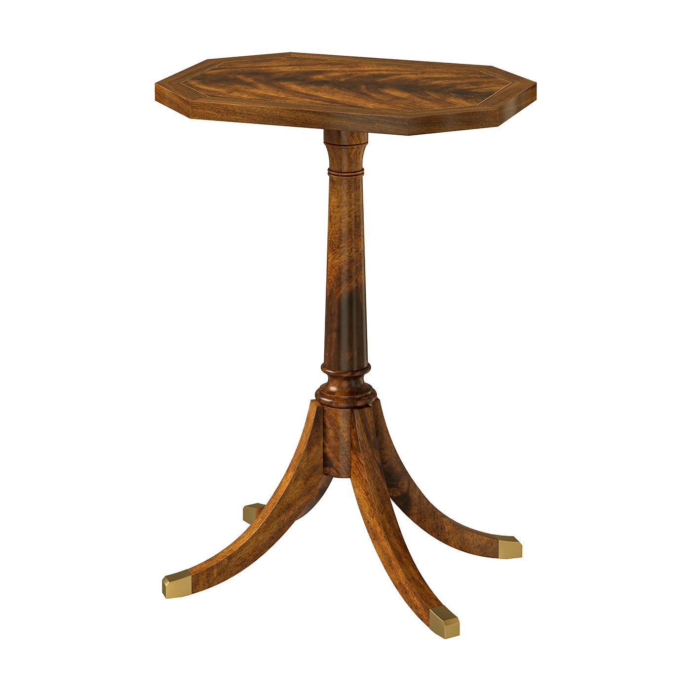 Octagonal accent table with pedestal base, front view.