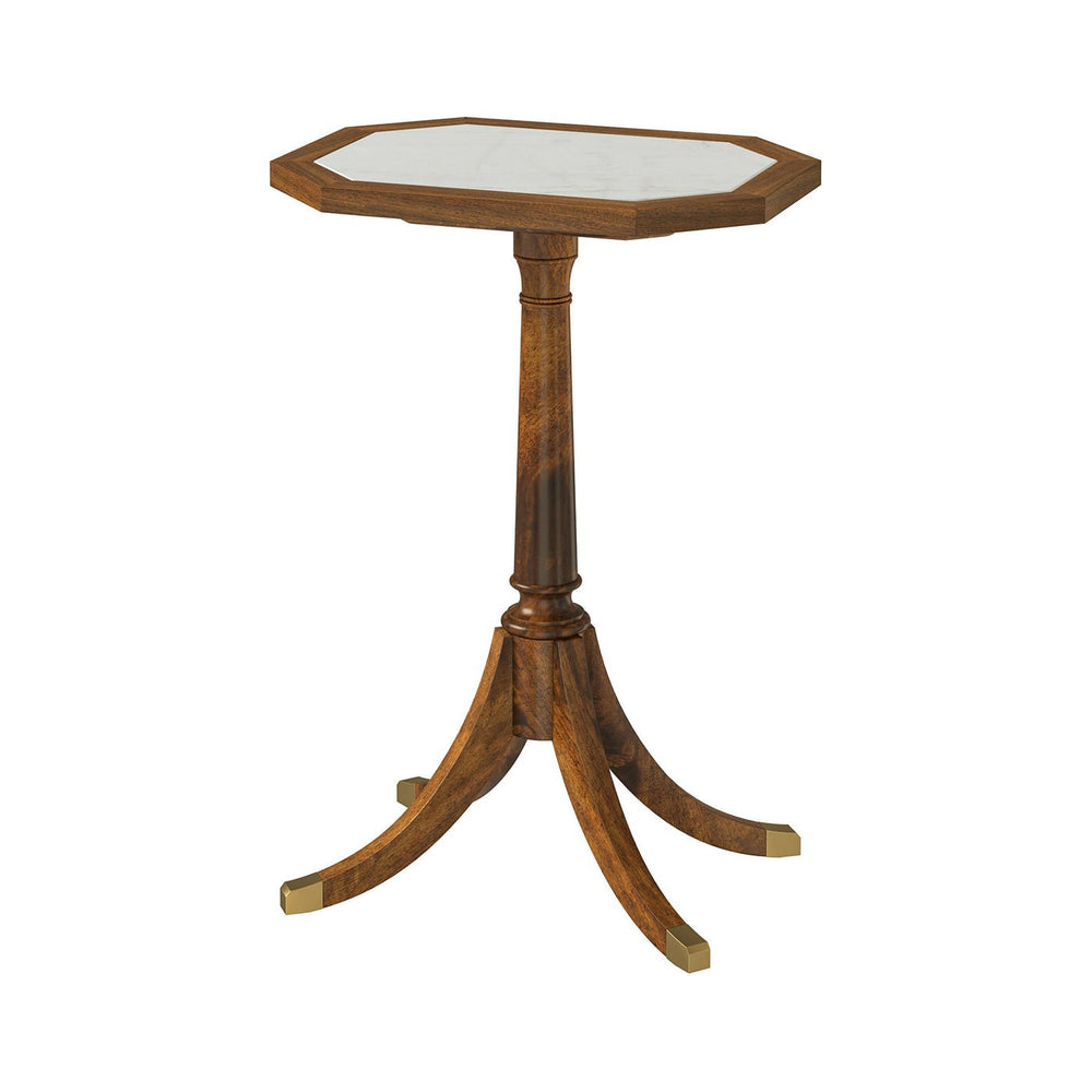 Octagonal marble top accent table on white background.