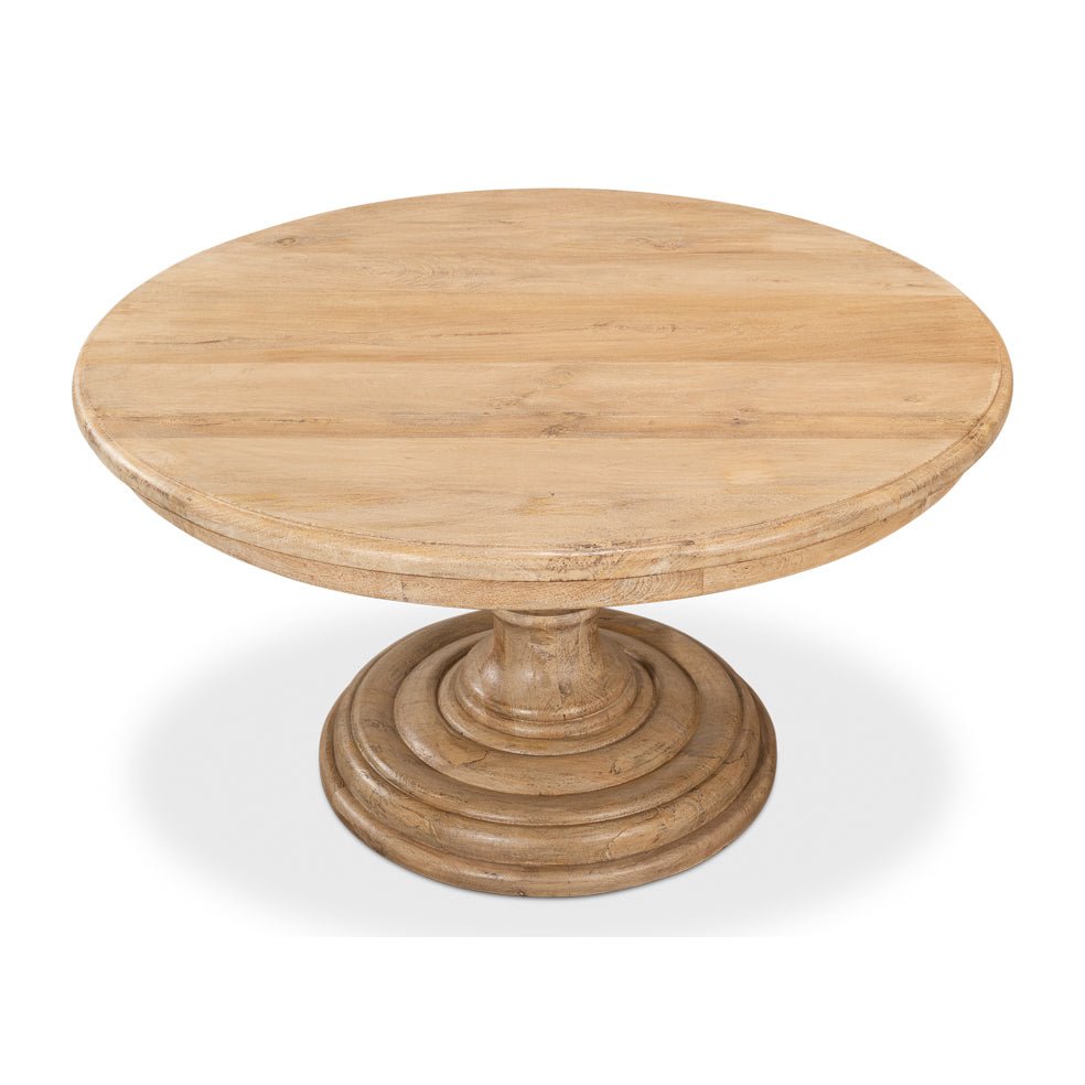Overhead view of round pedestal dining table.