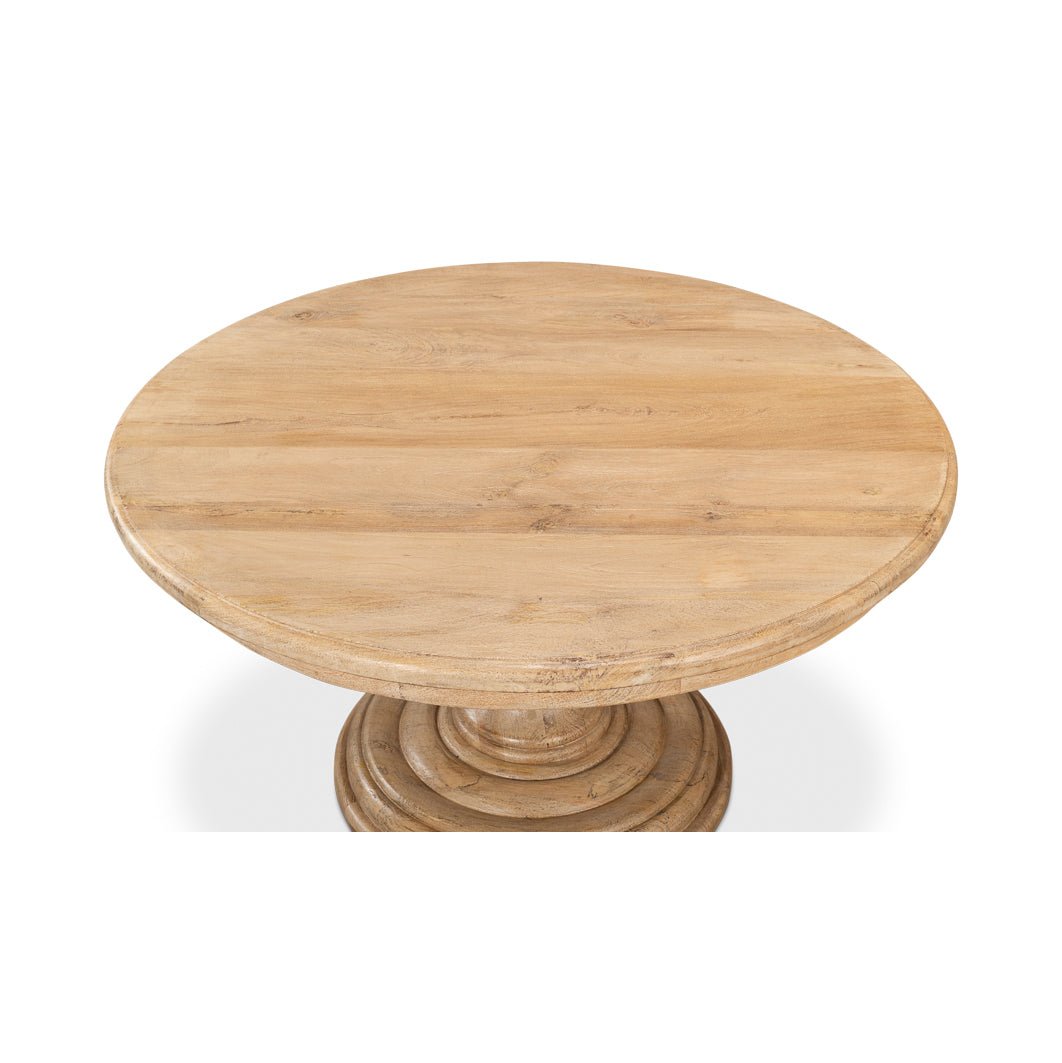 Top view of wooden dining table surface.