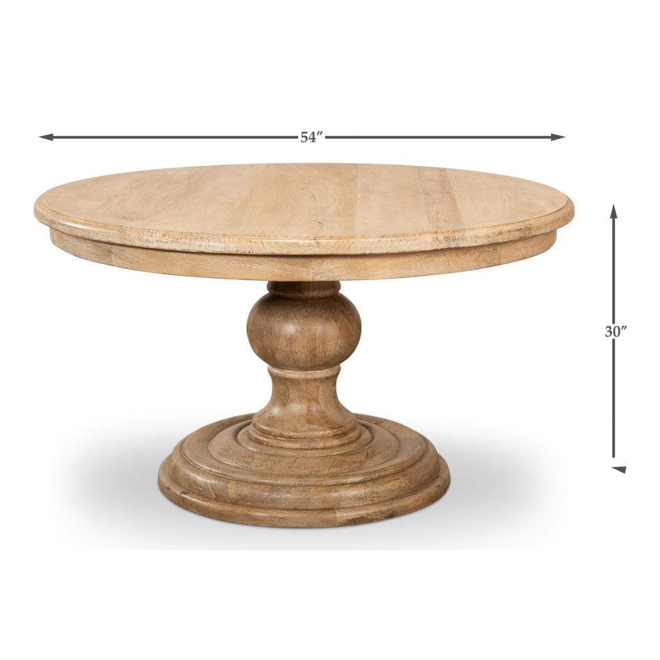 Dimensions diagram of round pedestal dining table.
