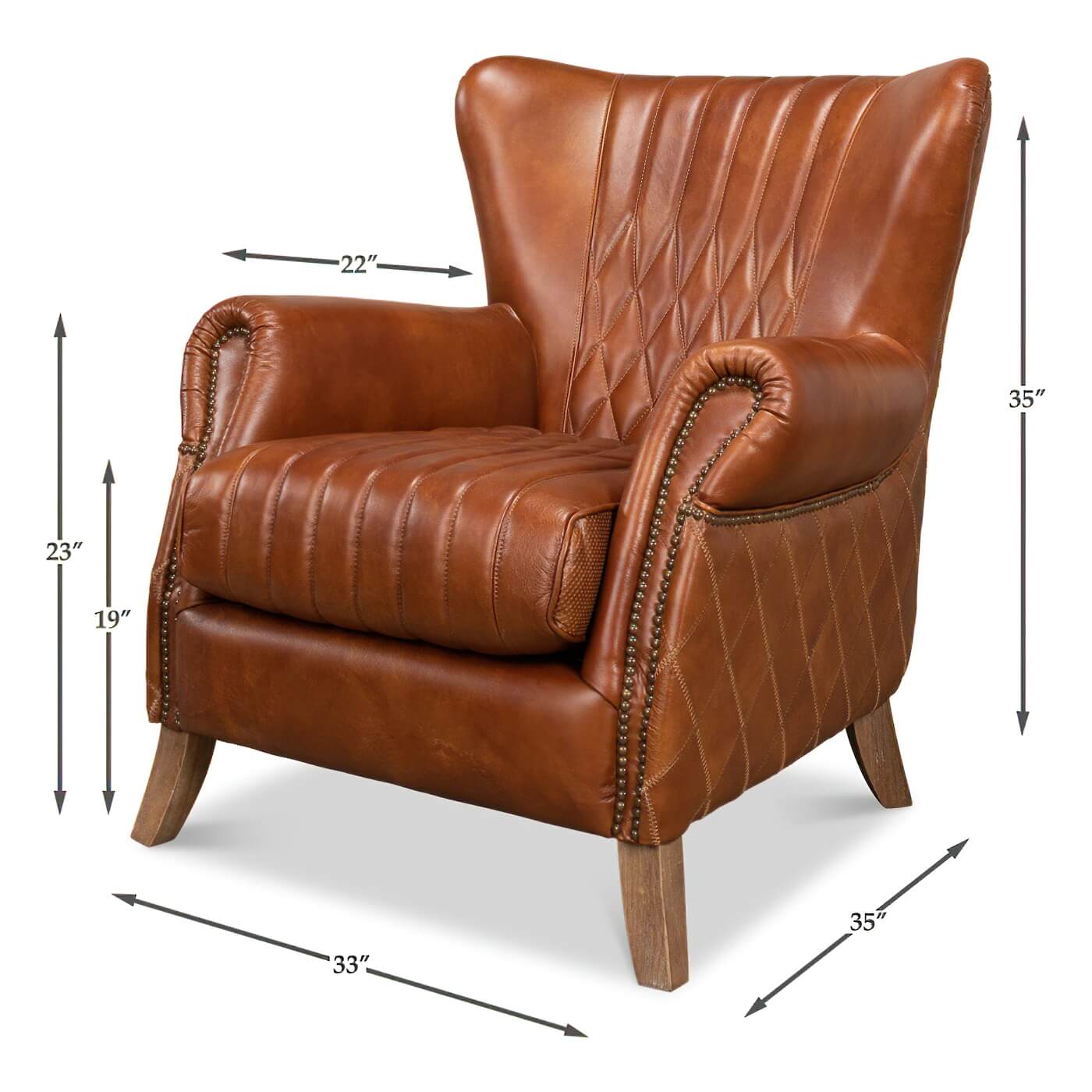 Brown leather armchair with dimensions, front-angle view.
