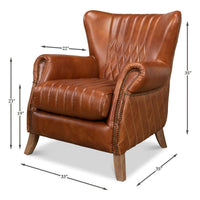 Brown leather armchair with dimensions, front-angle view.