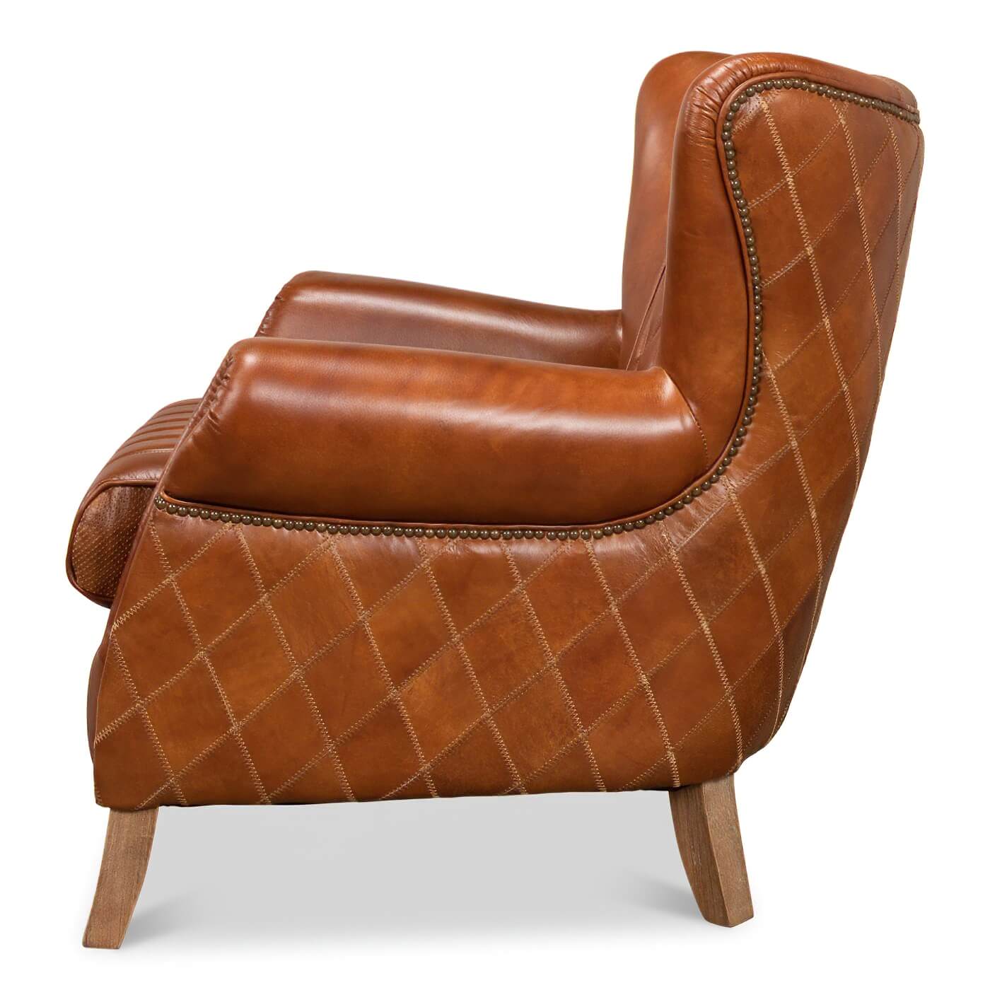 Side view showing armrests of leather armchair.