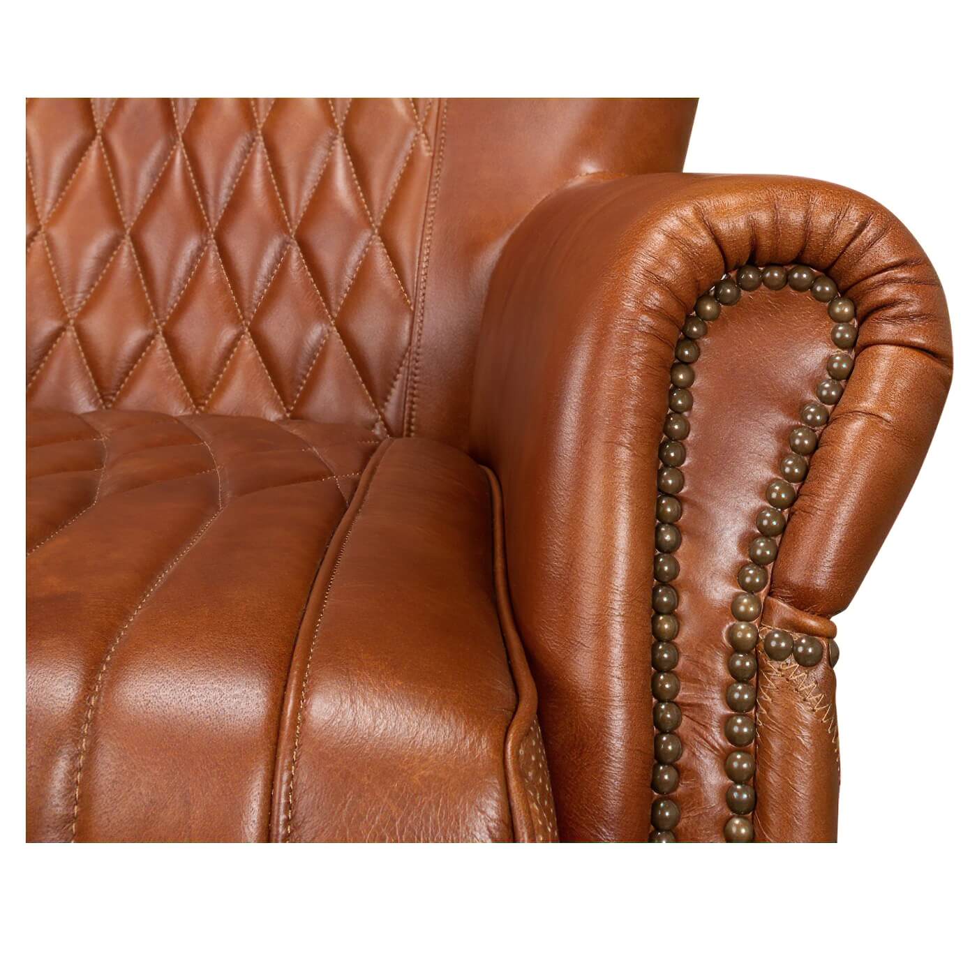 Armchair seat and armrest stitching, detailed view.