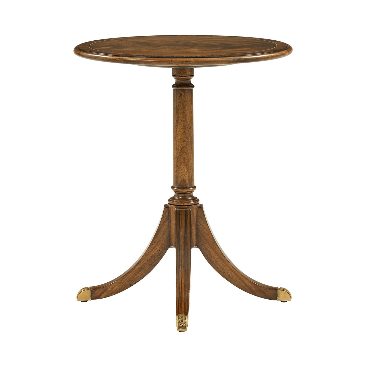 Side view of wooden classic round accent table.