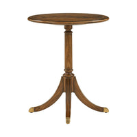 Side view of wooden classic round accent table.