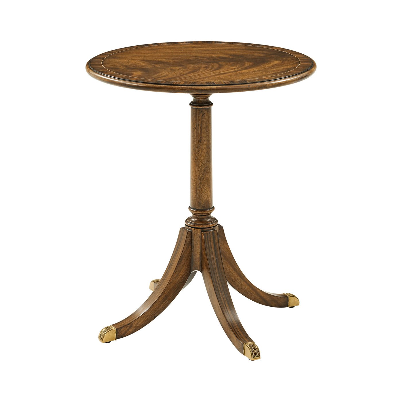 Classic round accent table, wooden, with pedestal base.