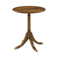 Classic round accent table, wooden, with pedestal base.