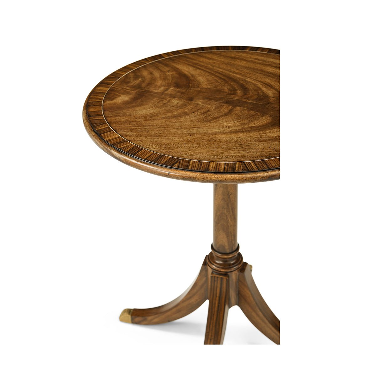 Top angle of classic round accent table with wood detail.