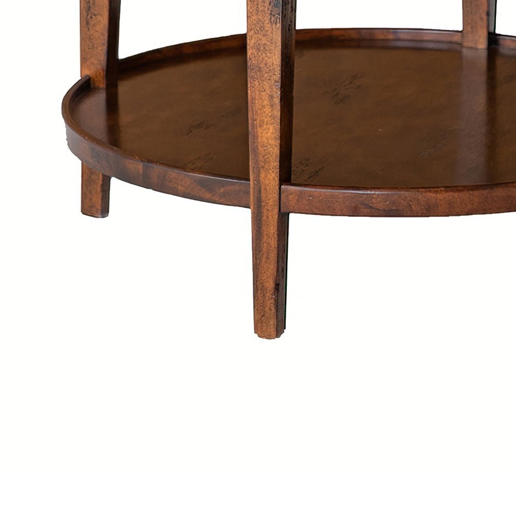 Round end table, close-up of lower shelf, wood detail