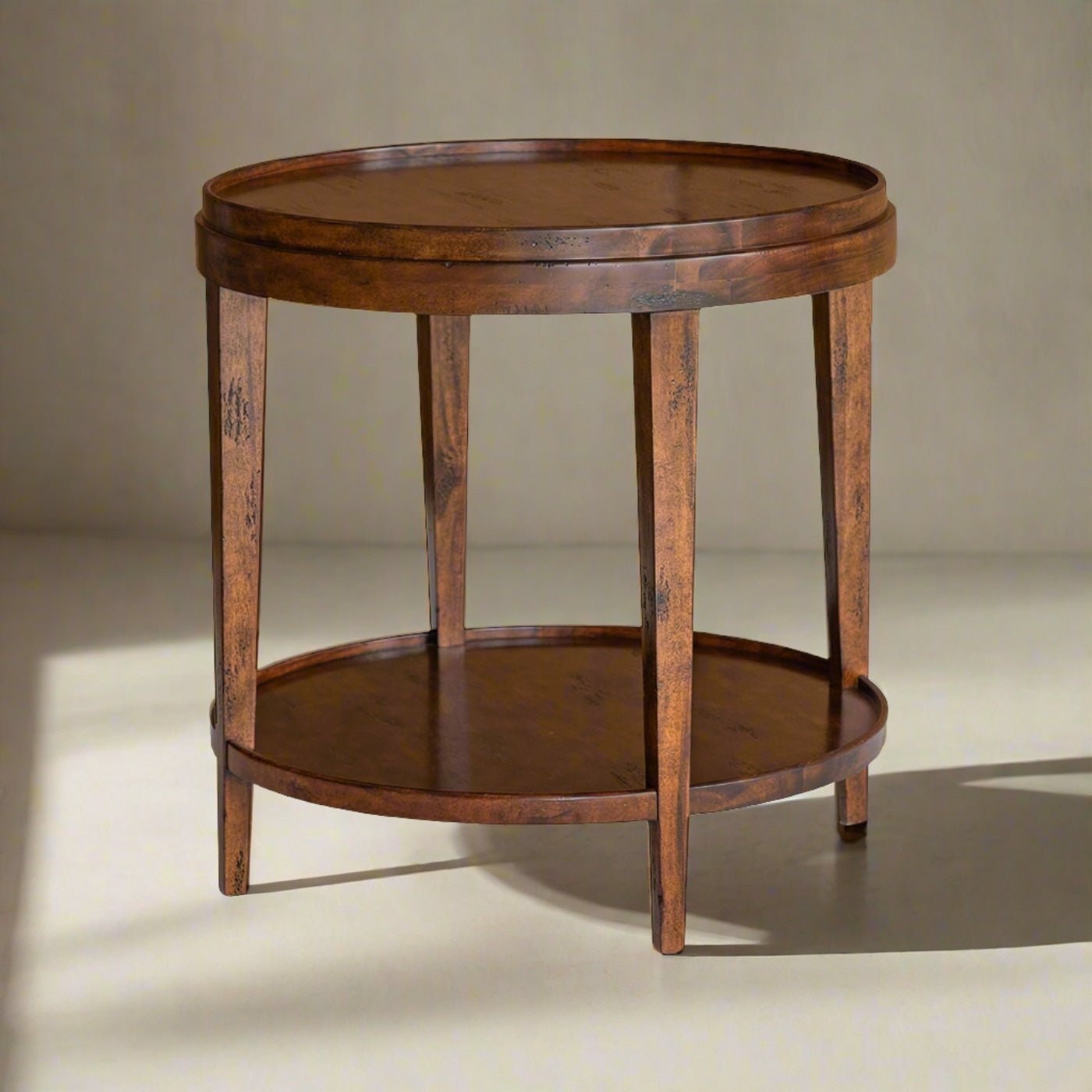 Round end table, angled view, country style wood