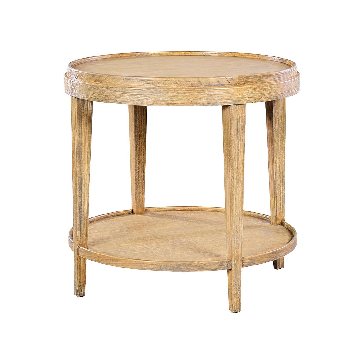 Classic round end table, front view, light wood finish.