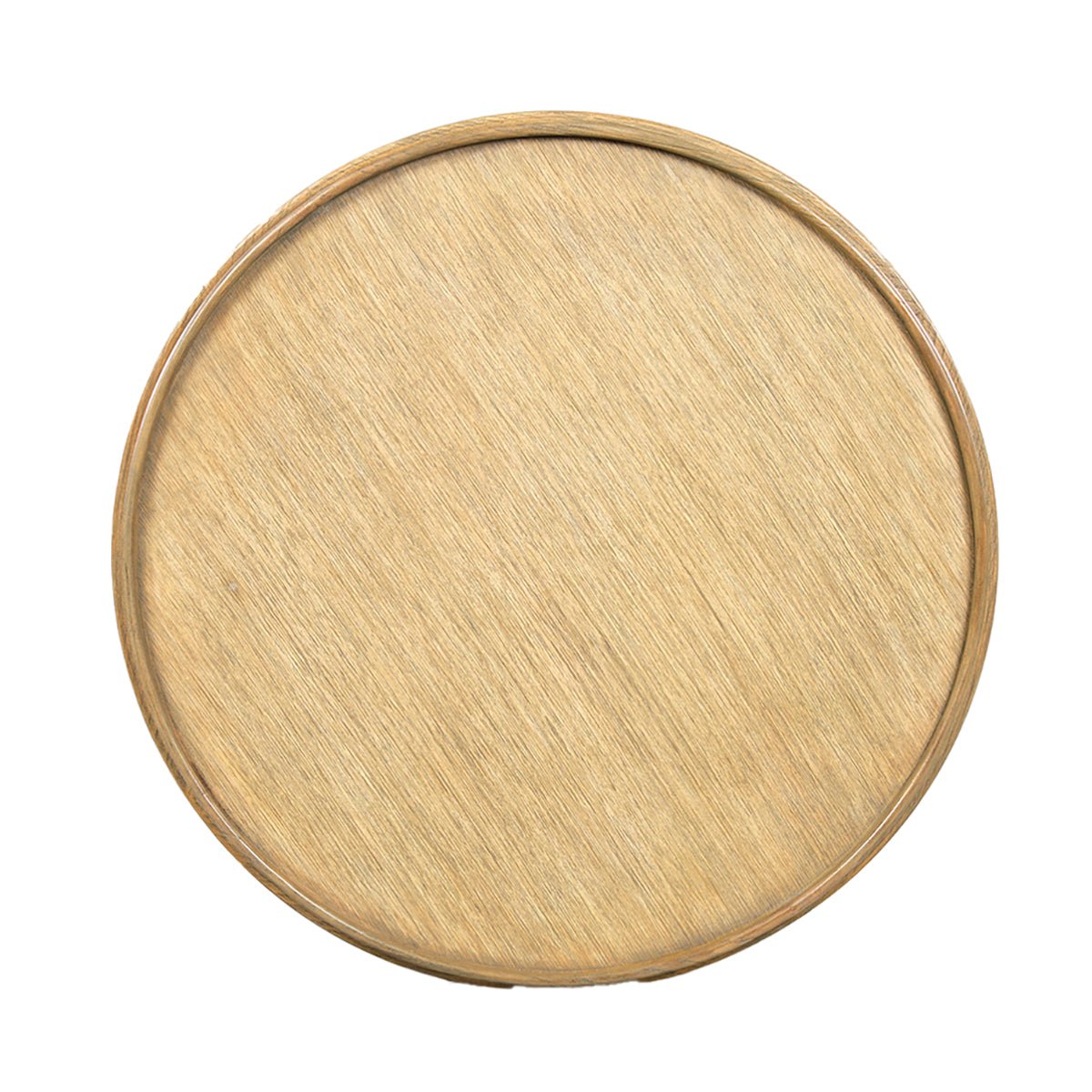 Round end table, top view, wood grain detail.
