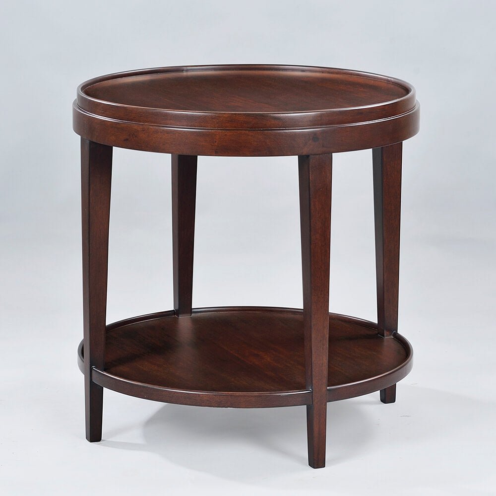 Mahogany round end table featuring a dual-level design.