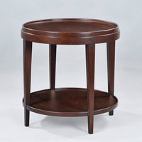 Mahogany round end table featuring a dual-level design.