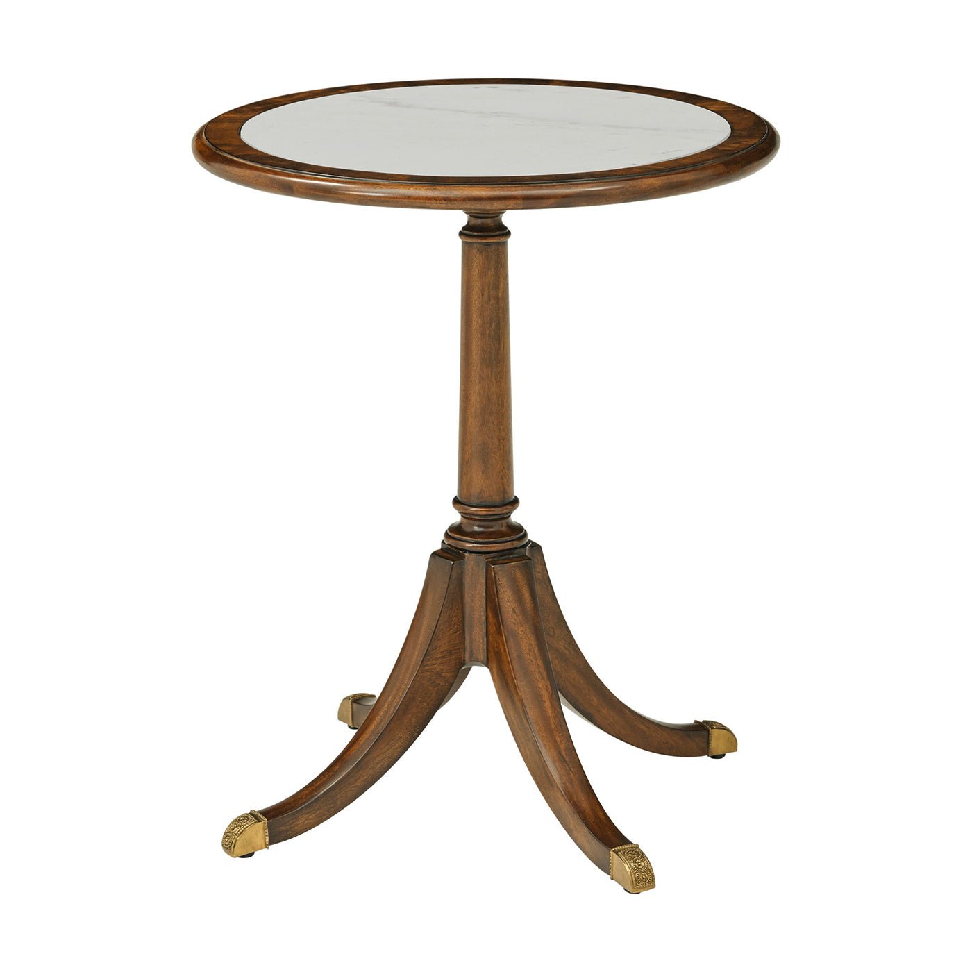 Round marble top accent table on white background.
