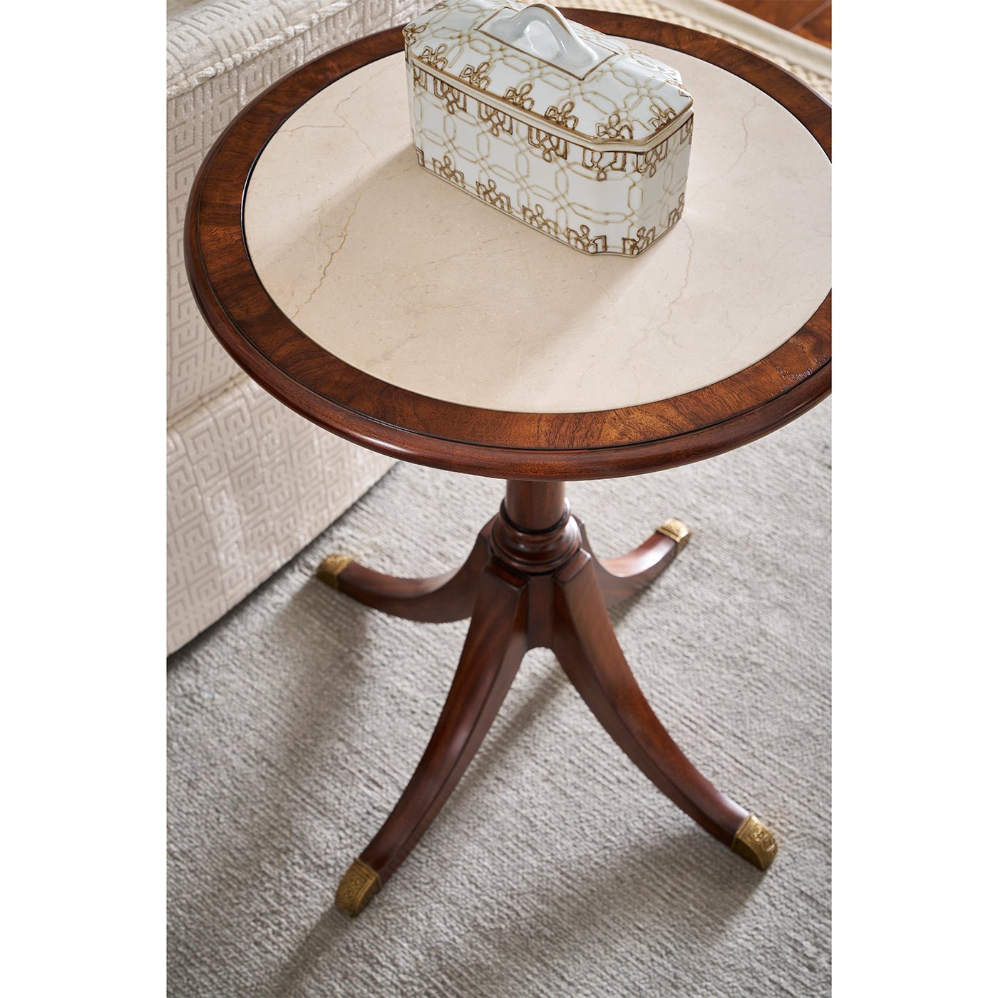 Top view of accent table with decorative box.