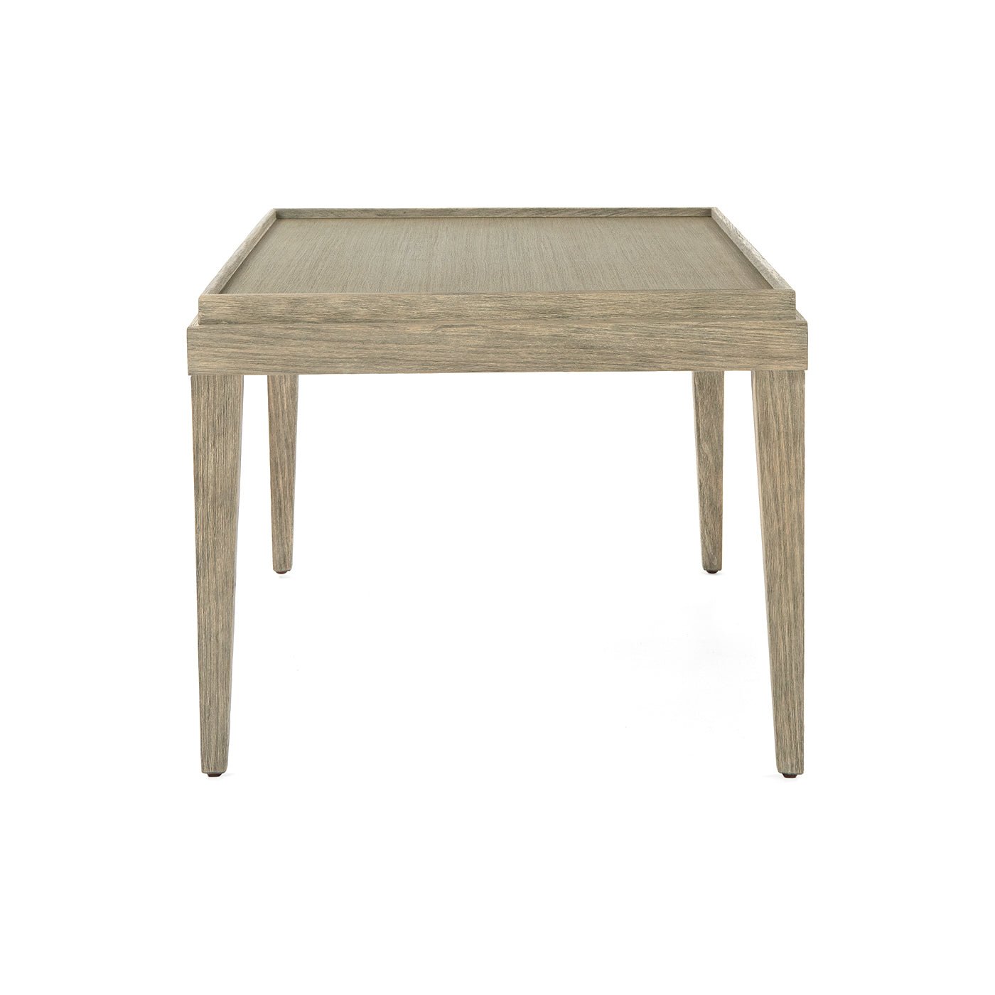 Rustic coffee table side view on white background.
