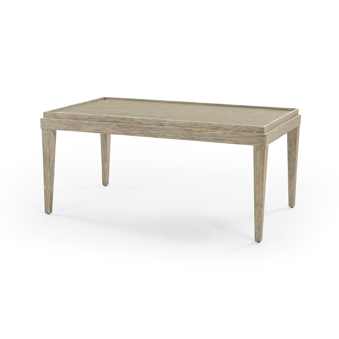 Rustic coffee table angled view on white background.