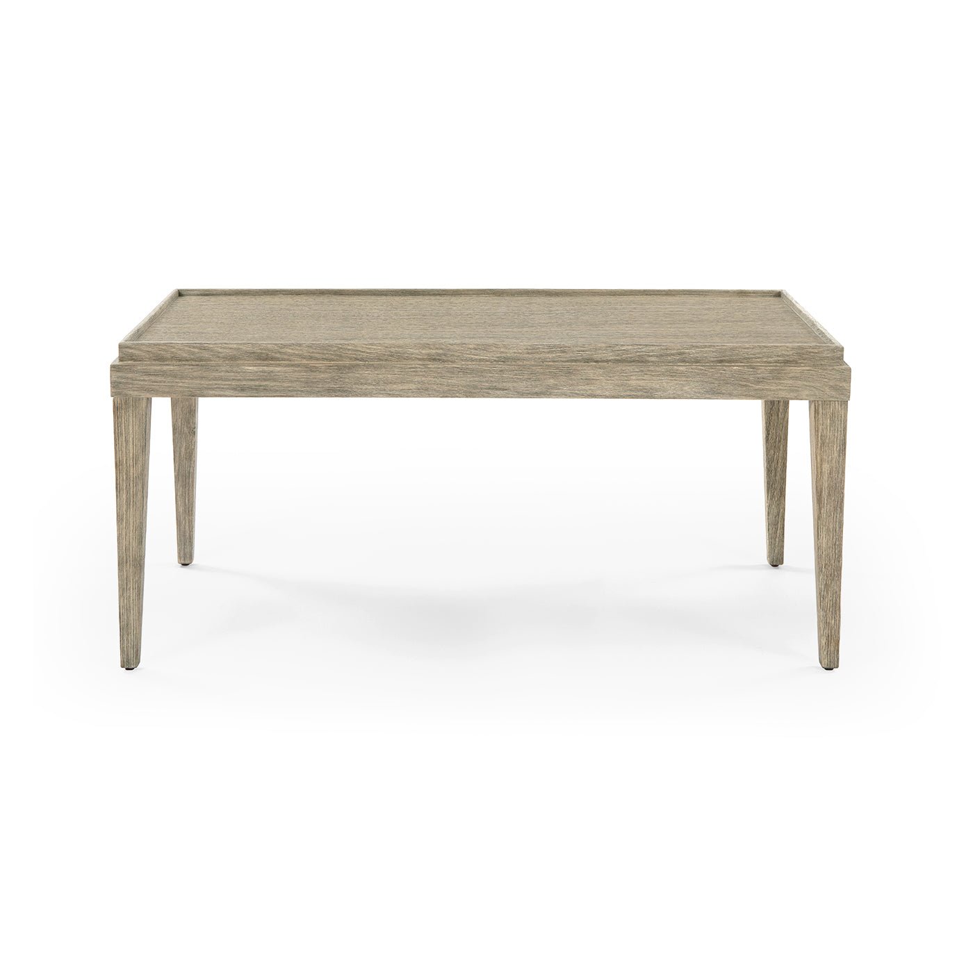 Rustic coffee table front view on white background.