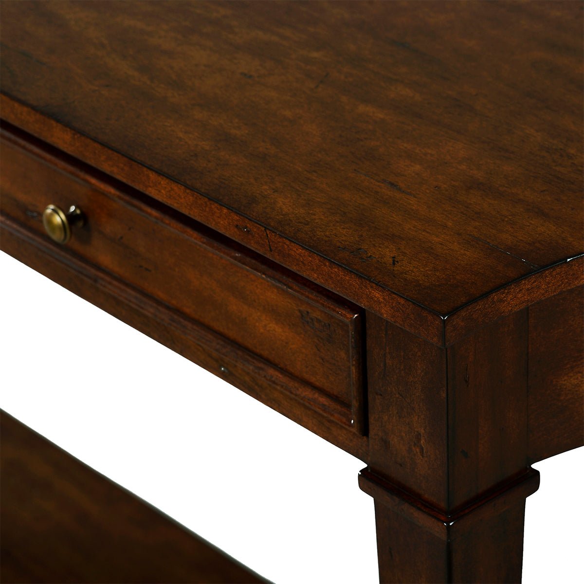 Close-up of console table corner, country finish.