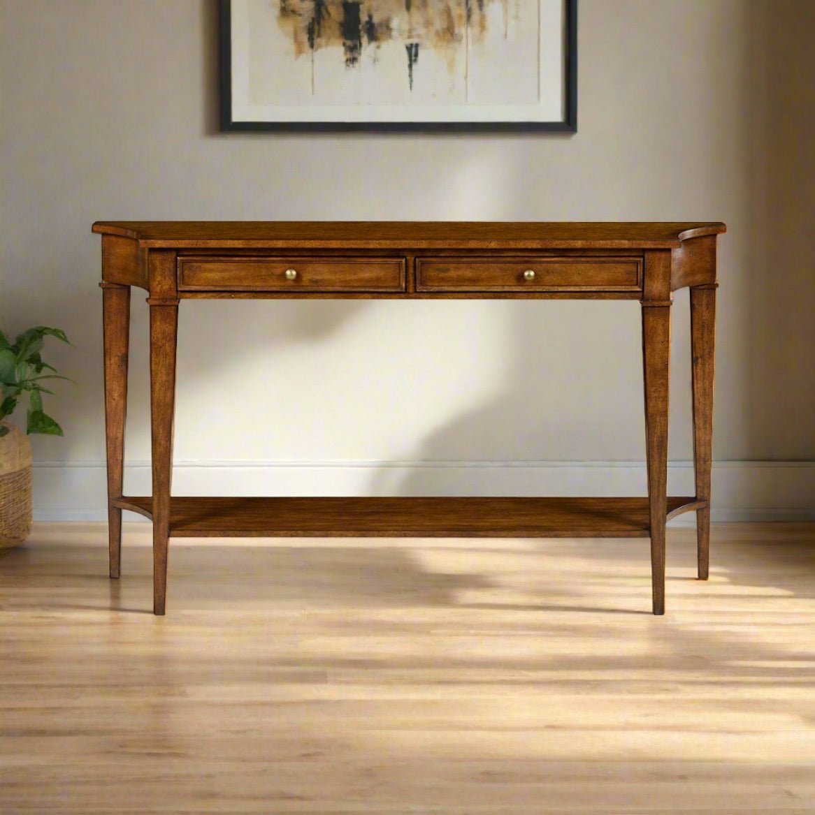 Console table in room, rustic design, country finish.