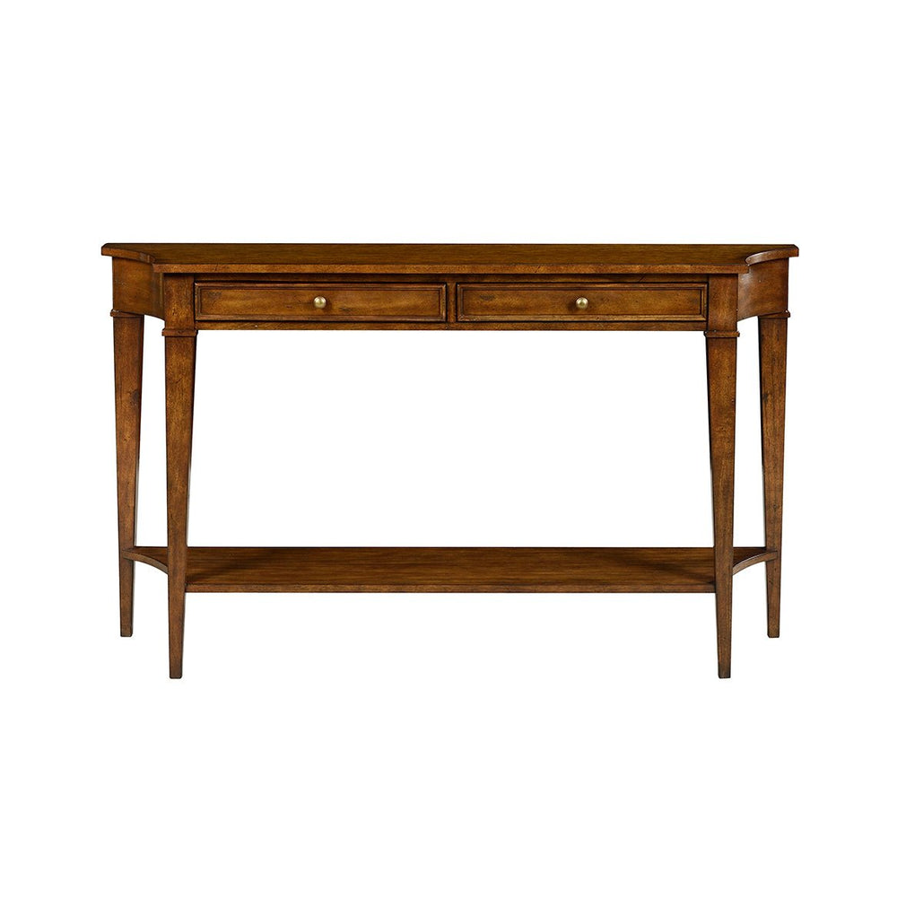 Classic rustic console table, two drawers, front view.