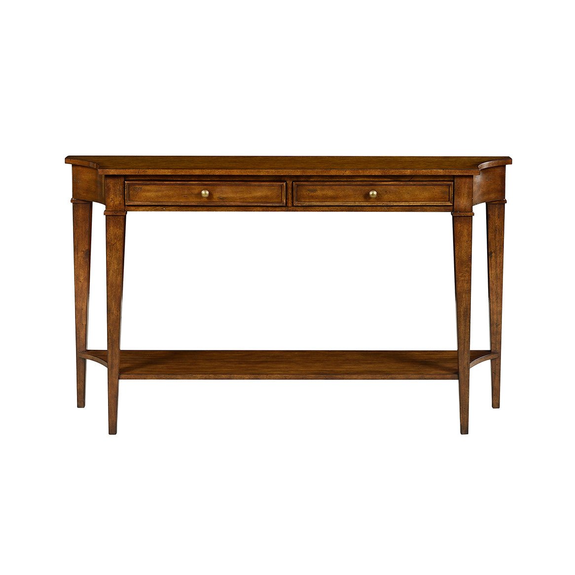 Classic rustic console table, two drawers, front view.