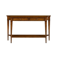 Classic rustic console table, two drawers, front view.