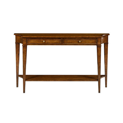 Classic rustic console table, two drawers, front view.