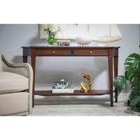 Mahogany console table in stylish interior with accessories.