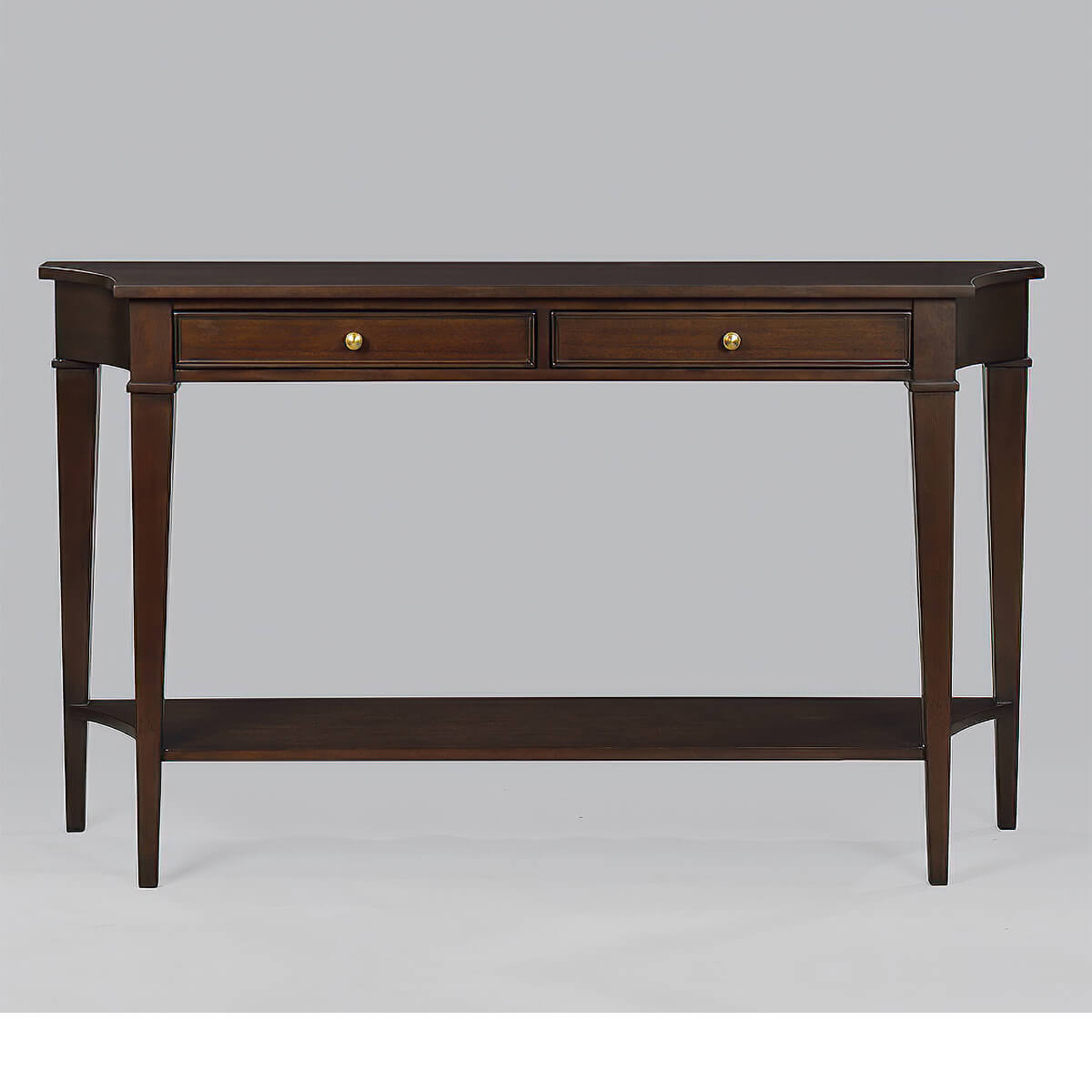 Mahogany console table, angled front view.
