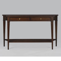 Mahogany console table, angled front view.