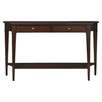Classic rustic console table, front view with drawers.