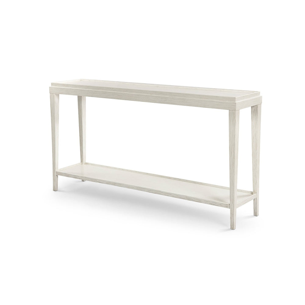 White rustic console table angled view on white background.