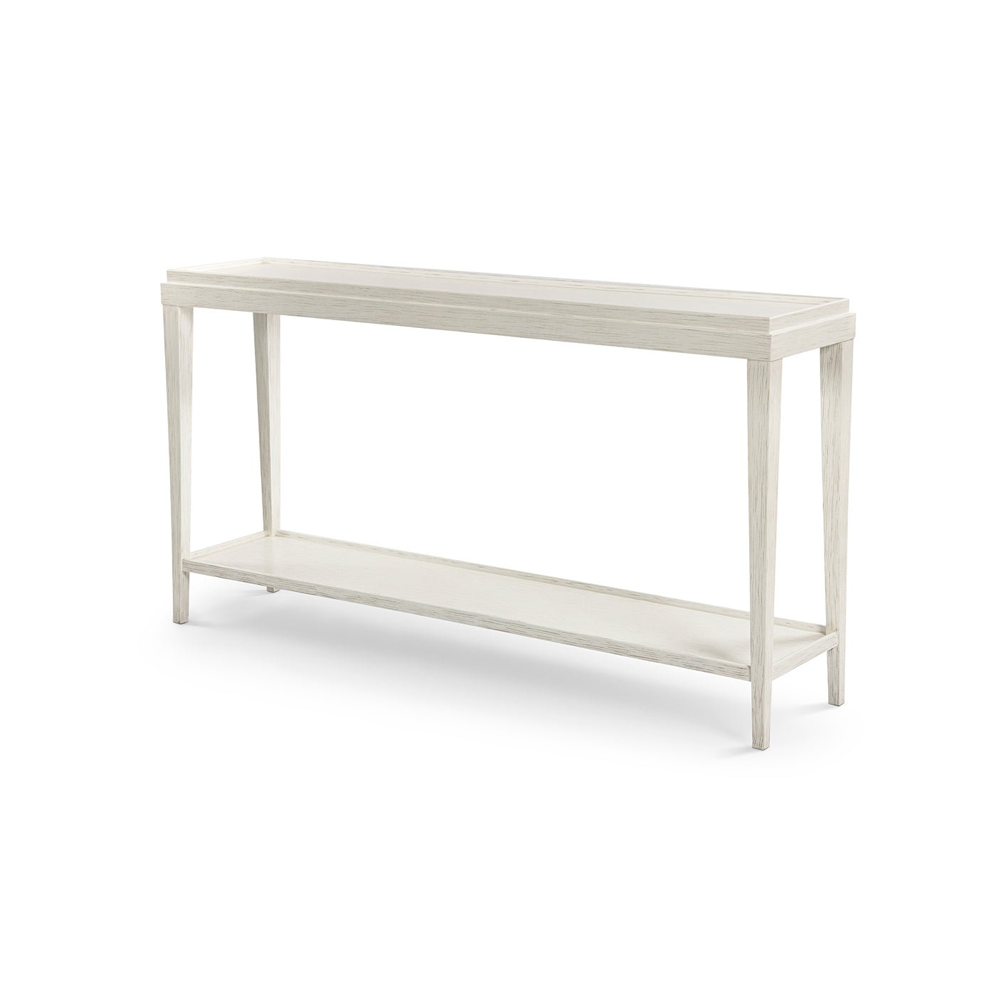 White rustic console table angled view on white background.