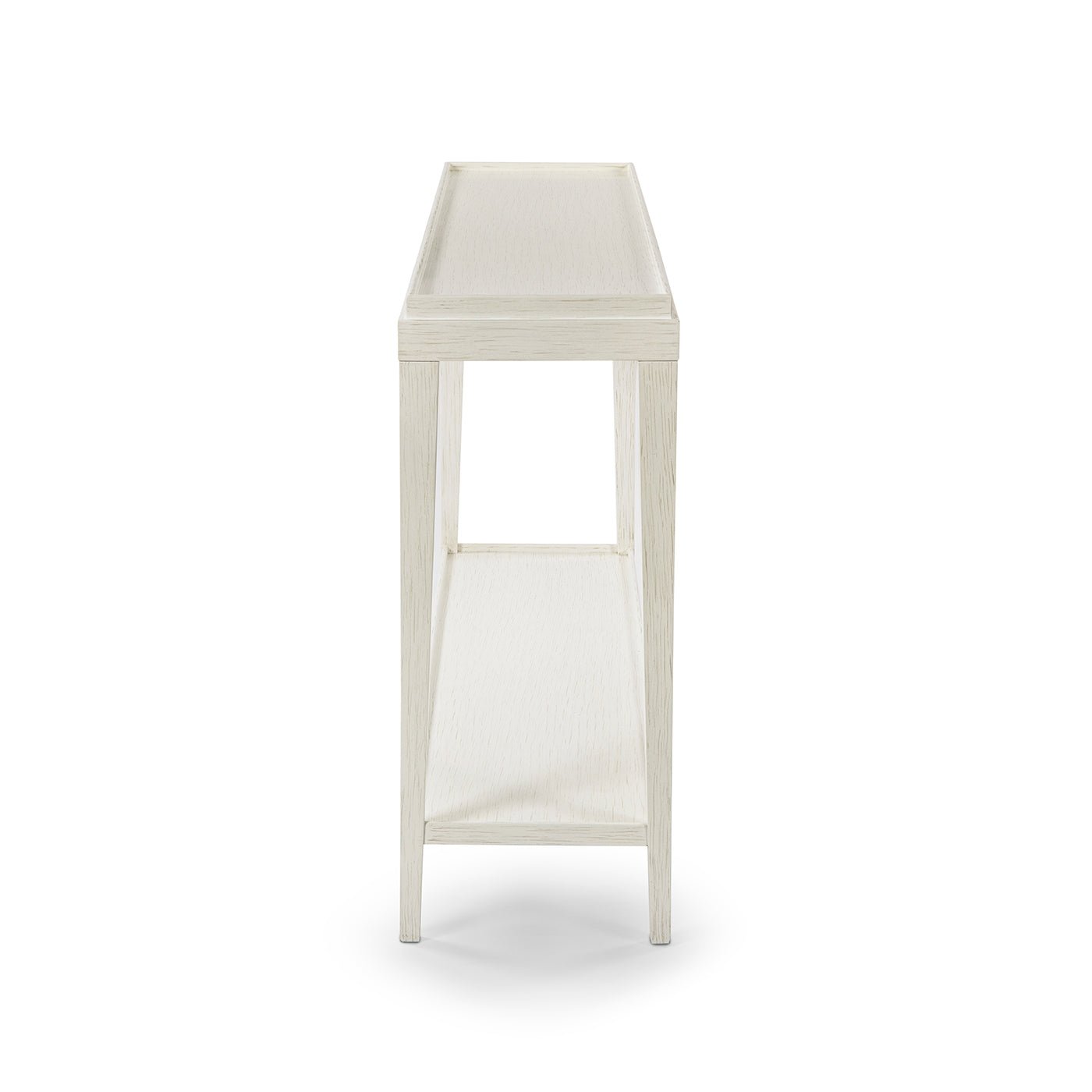 Side profile view of rustic white console table.