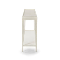 Side profile view of rustic white console table.