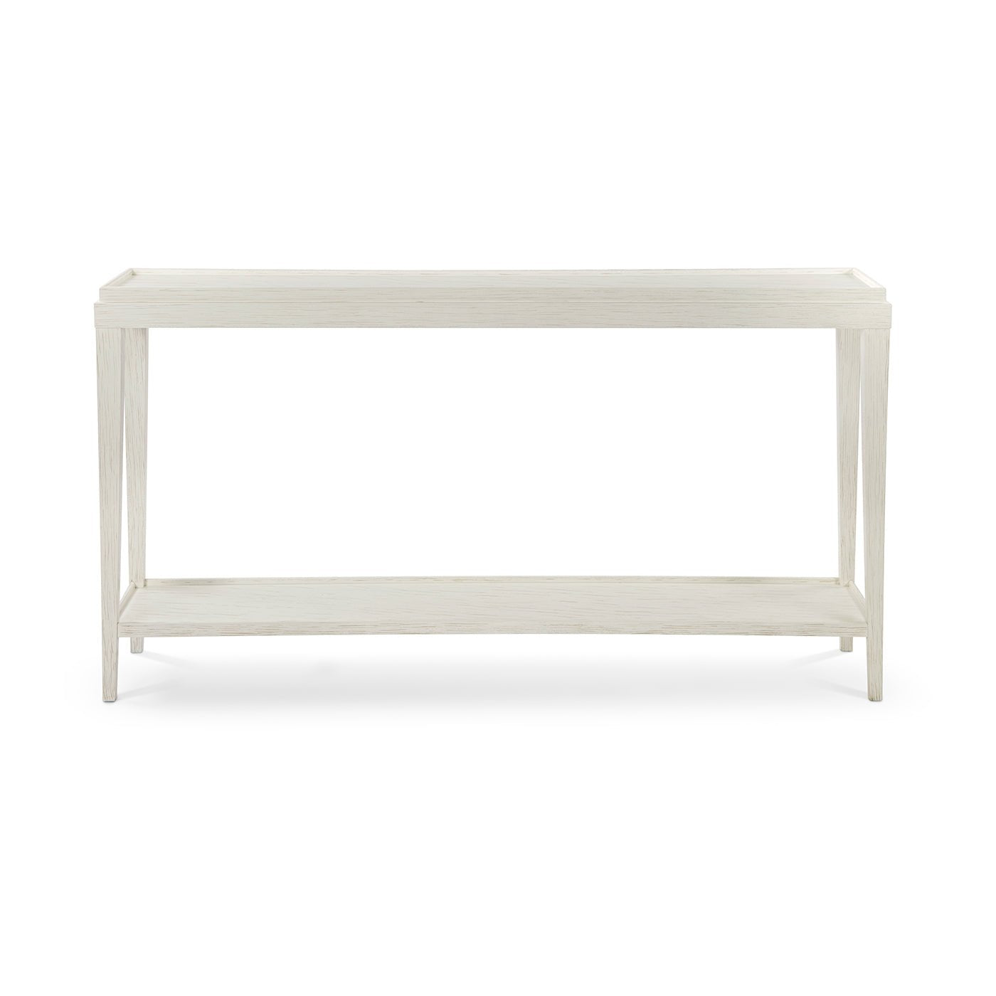 Front view of classic white console table.