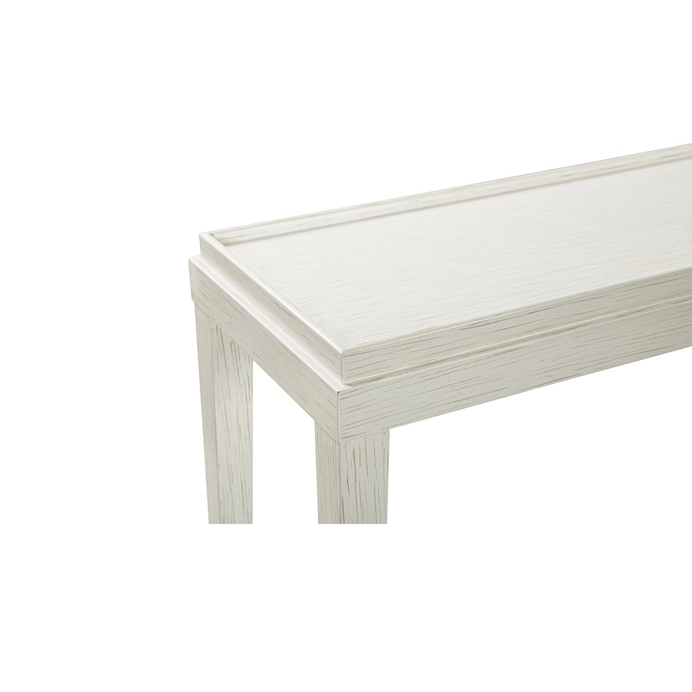 Close-up of console table top edge detail.