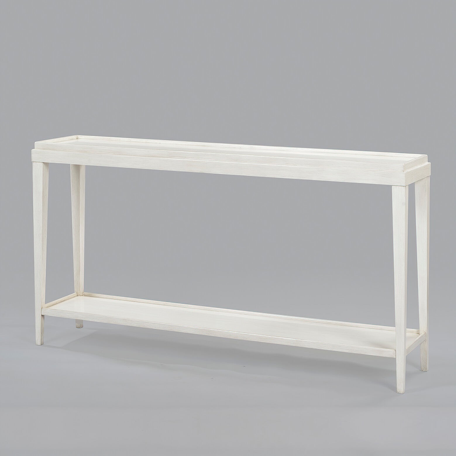 Rustic console table angled view against grey background.