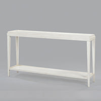 Rustic console table angled view against grey background.