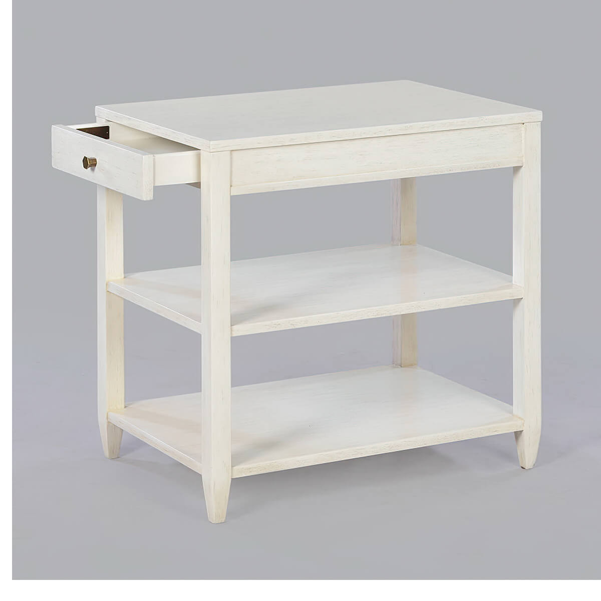 Side table with open drawer, showing storage.