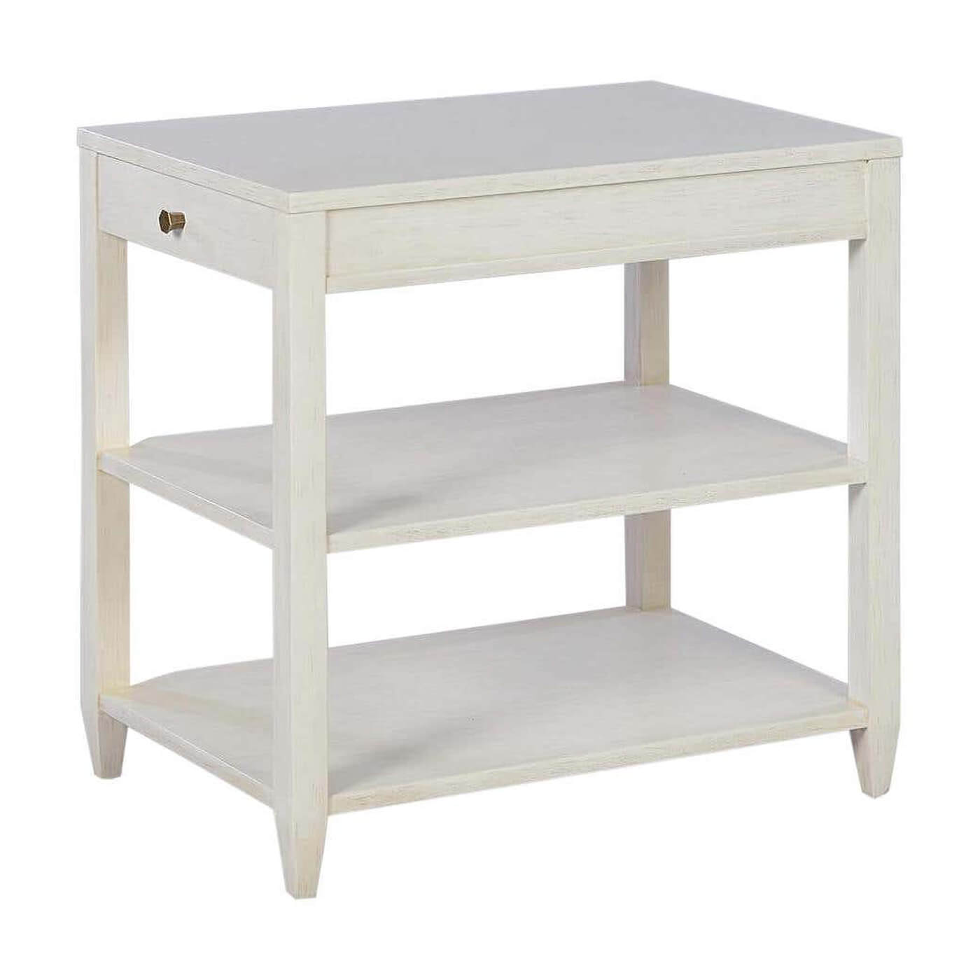 White side table with two shelves, front view.
