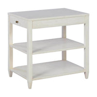 White side table with two shelves, front view.