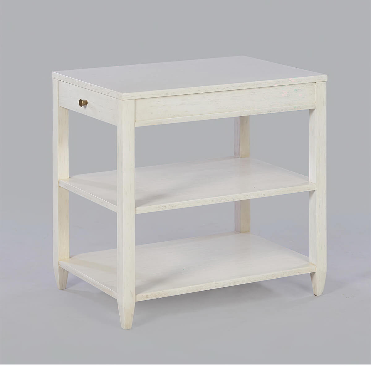 Side table with three shelves, right angle view.