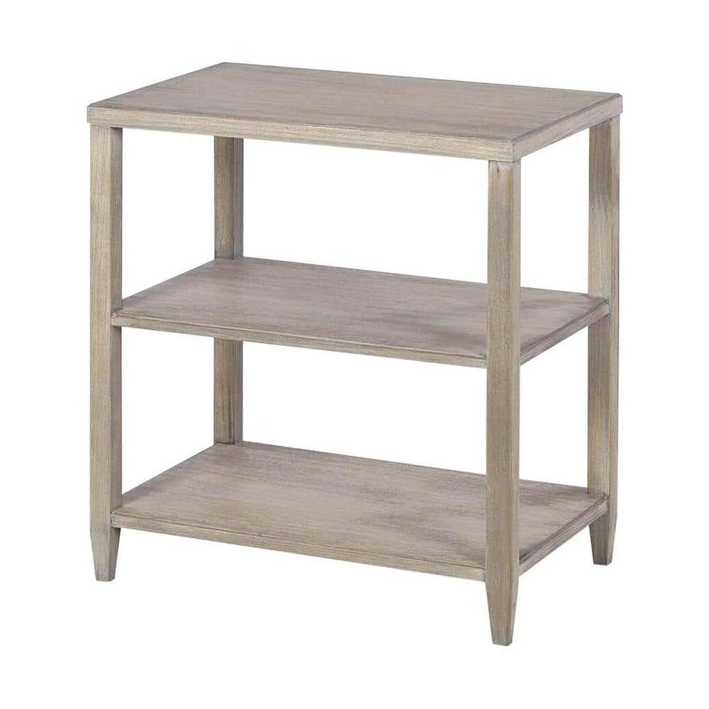 Greyed three-tier side table, front view.