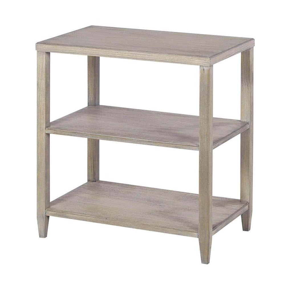 Greyed three-tier side table, front view.