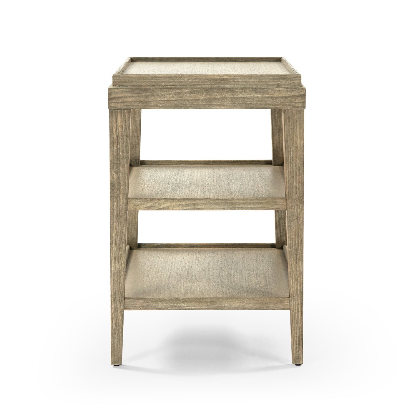 Side view of light wood three-tier side table.